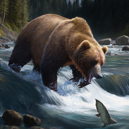 A grizzly bear snatching salmon from a river.の素材