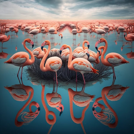 A group of flamingos wading in a shallow lake. AIの素材