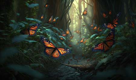 A swarm of butterflies migrating through a forest. Generated by AIの素材