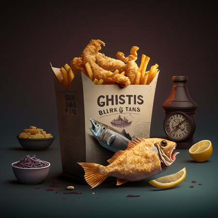 A dish called Fish and Chips. Generative by AIの素材