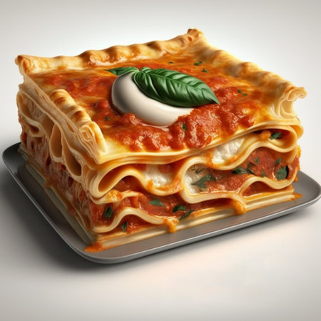 Lasagna dish made with layers of pasta, sauce, and cheese. Generative by Aiの素材