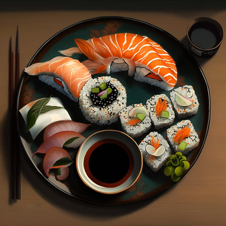 Sushi Delicious Japanese dish with raw fish and rice. Made by AIの素材