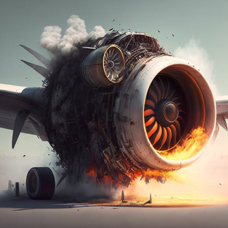 The side engine of the airplane is on fire. Generated By AIの素材