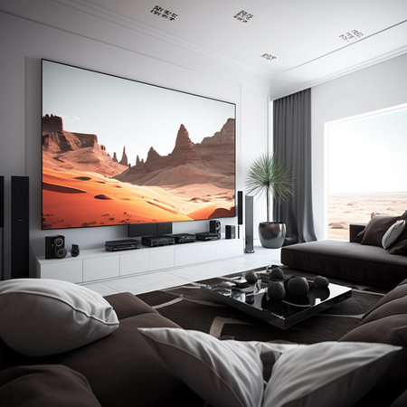 A big TV screen is mounted on the wall in a modern living room, creating a luxurious interior with the television set. Generated By AIの素材