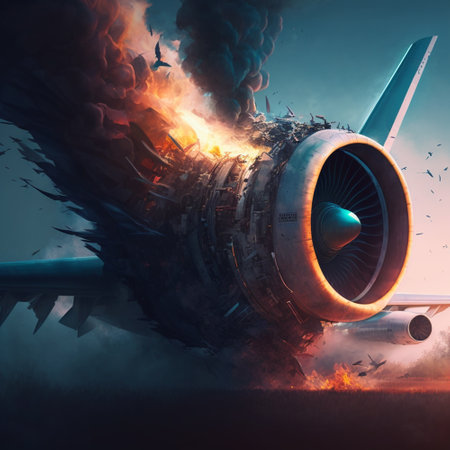 The side engine of the airplane is on fire. Generated By AIの素材