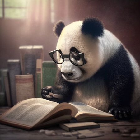 A panda is wearing glasses and reading a book. Generated By AIの素材