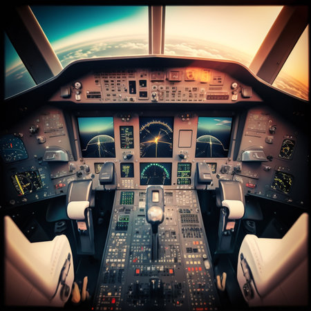 The inside view of an airplane cockpit, modern aircraft's flight deck. Generated by AIの素材