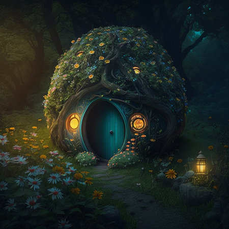 Discover a charming Hobbit house adorned with flowers and lights in a dark and enchanting fantasy forest. Generated by AIの素材