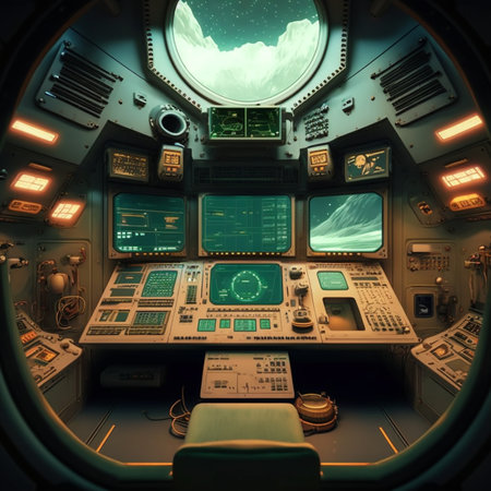 Explore the interior of a spaceship cockpit, complete with a high-tech control room for spacecraft. Generated By AIの素材