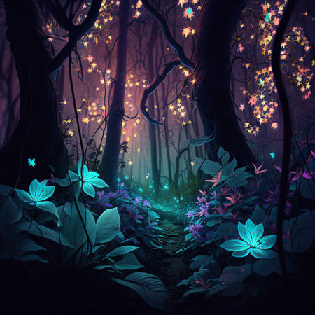 Experience a magical forest at night with glowing flowers and lights. Generated By AIの素材