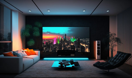Experience a modern living room at night, complete with a big TV wall screen and neon lights. Generated by AIの素材