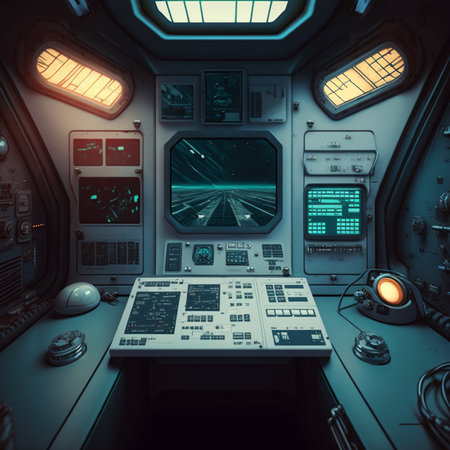 Explore the interior of a spaceship cockpit, complete with a high-tech control room for spacecraft. Generated By AIの素材
