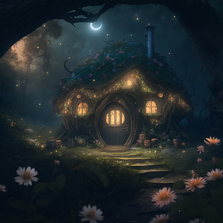 Discover a charming Hobbit house adorned with flowers and lights in a dark and enchanting fantasy forest. Generated by AIの素材
