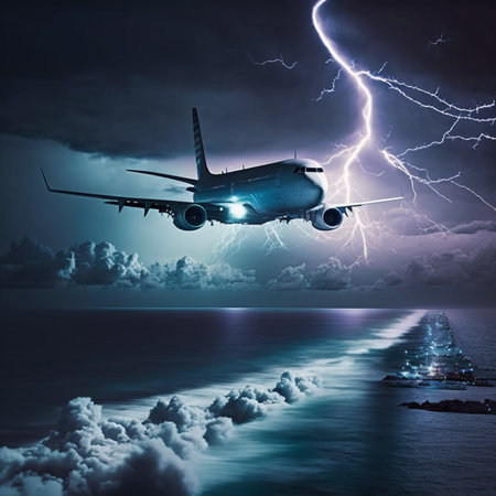 At night, a passenger airplane flying over the sea is struck by lightning. Generated By AIの素材