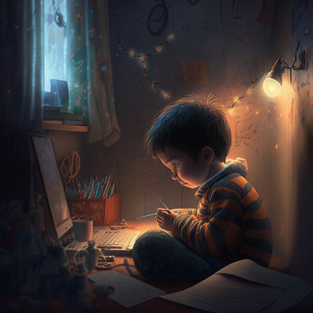 A little boy is sitting in his room, using a computer. Generated By AIの素材