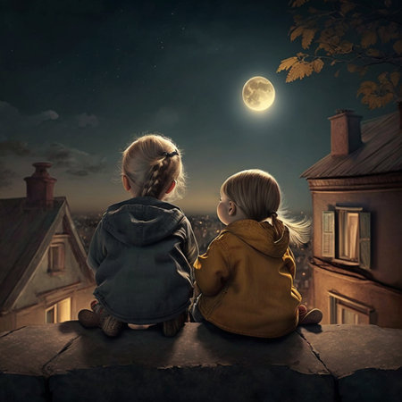 At night, a little girls sit on a roof and gaze at the moon in the sky. Generated By AIの素材