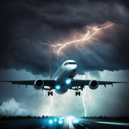 A passenger airplane takes off during a thunderstorm and narrowly avoids a lightning strike. Generated By AIの素材