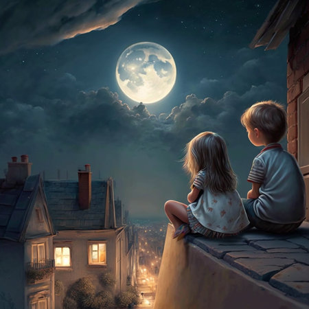 At night, a little boy and girl sit on a roof and gaze at the moon in the sky. Generated By AIの素材