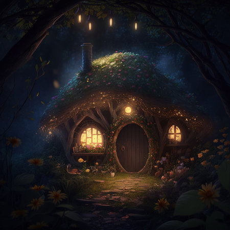 Discover a charming Hobbit house adorned with flowers and lights in a dark and enchanting fantasy forest. Generated by AIの素材
