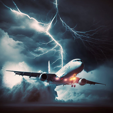 A passenger airplane takes off during a thunderstorm and narrowly avoids a lightning strike. Generated By AIの素材