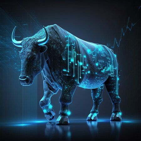 Render the stock market graph and bull in a futuristic, digital style with a color scheme of blue. Generated by AIの素材