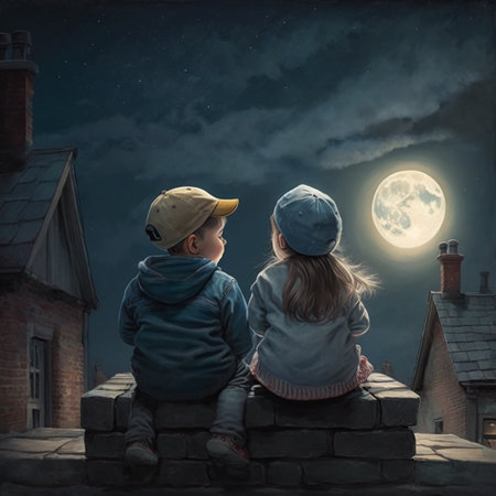 At night, a little boy and girl sit on a roof and gaze at the moon in the sky. Generated By AIの素材