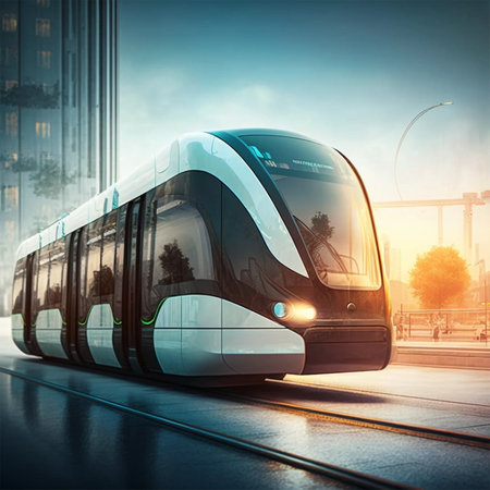 In a futuristic city, urban mobility of the future includes trams, metros, and subways. AIの素材
