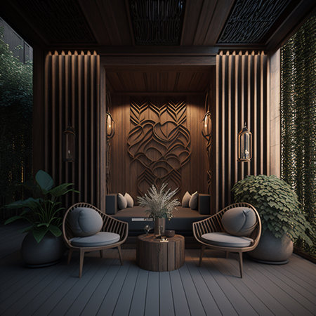 Luxury house has a modern and relaxing wooden area with walls, pillars, and a fence. The chairs are beautifully carved on the wooden floor. AIの素材