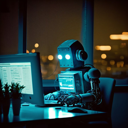 At night The robot is working in the office in front of the computer with lights on. AIの素材