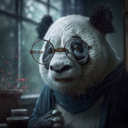 A Very old panda with bad eyesight wearing glasses. AIの素材