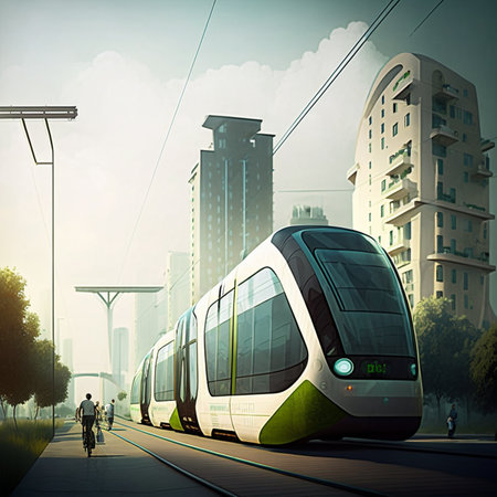 In a futuristic city, urban mobility of the future includes trams, metros, and subways. AIの素材
