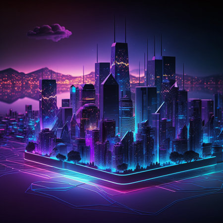 The concept of a smart city and big data is depicted through a futuristic cityscape at night, illuminated by neon colors. AIの素材