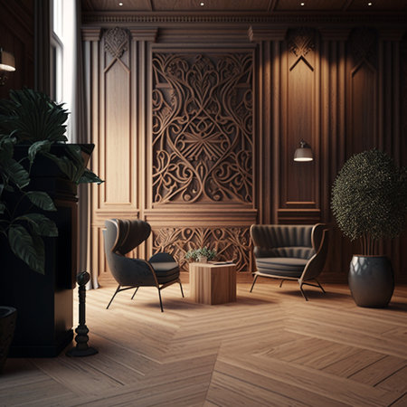 Luxury house has a modern and relaxing wooden area with walls, pillars, and a fence. The chairs are beautifully carved on the wooden floor. AIの素材