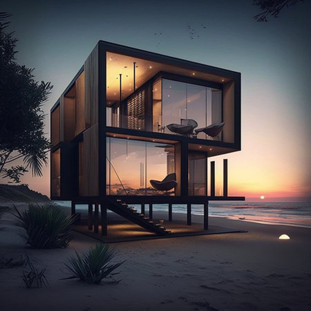 A modern luxury beach house with a small size. Aiの素材
