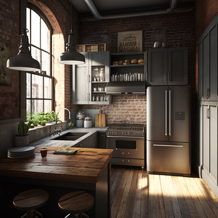 This is an industrial-style kitchen that features stainless steel appliances, exposed brick walls, and concrete countertops. Aiの素材