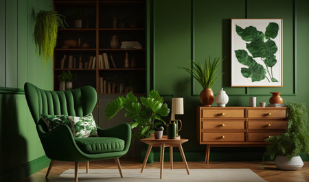 This is a modern mid-century living room in green color with a wooden armchair. AIの素材