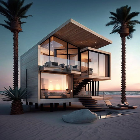 A modern luxury beach house with a small size. Aiの素材