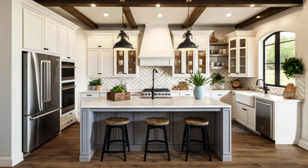 Luxury new home has a traditional kitchen with hardwood floors, wood beams, and a large island quartz counter. It also includes a farmhouse sink and elegant pendant lights. AIの素材