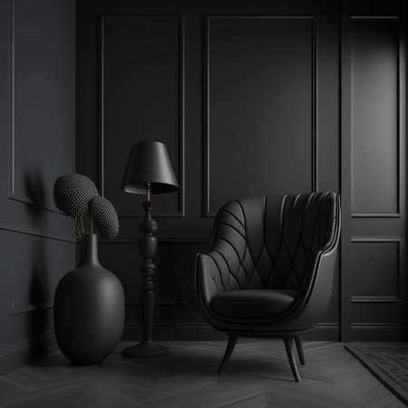Black interior with chair, lamp, and vase. AIの素材