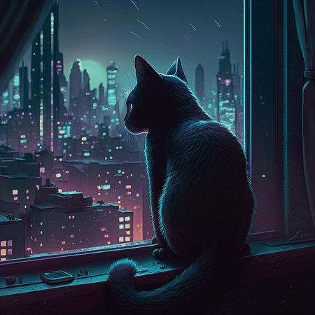 In a cyberpunk art, aestheticism, nightscape, a black cat is sitting on a windowsill and gazing at the city. AIの素材