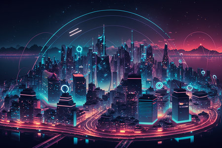 In a smart city where the Internet of Things, information technology, and smart living converge, a brilliant loop dominates the skyline at night. AIの素材