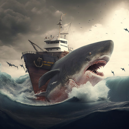 A ship being attacked by a shark. AIの素材