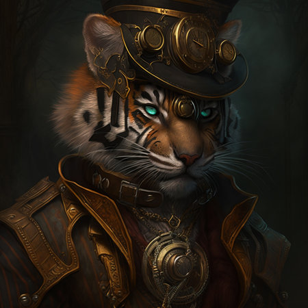 A tiger is dressed in a steampunk outfit. AIの素材