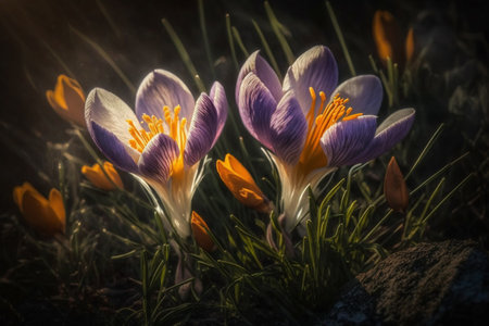 Sunlit Crocus Flowers Sprouting on Lush Green Grass. AIの素材