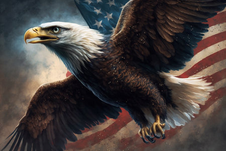 A majestic eagle flies in the sky while holding the American flag. AIの素材