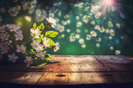 A blossoms on a wooden table in a green garden with a flare effect. AIの素材