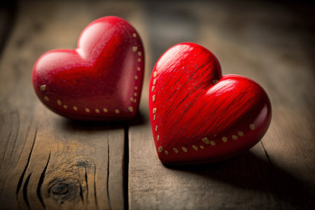 On a wooden table, there are red hearts. AIの素材
