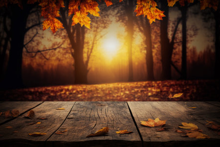 Autumnal Table - Wooden Plank with Orange Leaves at Sunset in Forest. AIの素材
