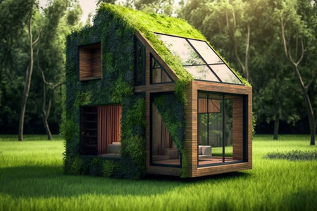 A wooden eco friendly home is situated in a green environment on grass. AIの素材