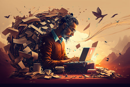 A illustration of the concept of writer's creativity and imagination. AIの素材